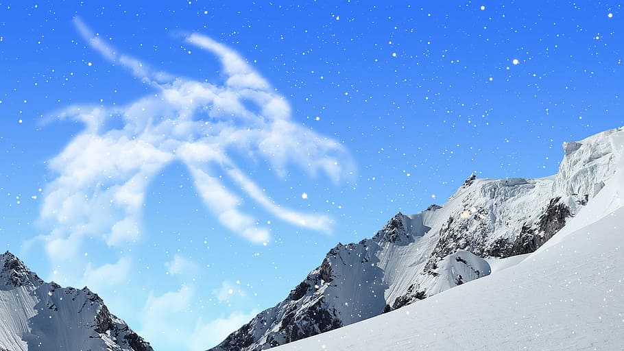 mountains covered with snow, fantasy, clouds, landscape, winter HD wallpaper