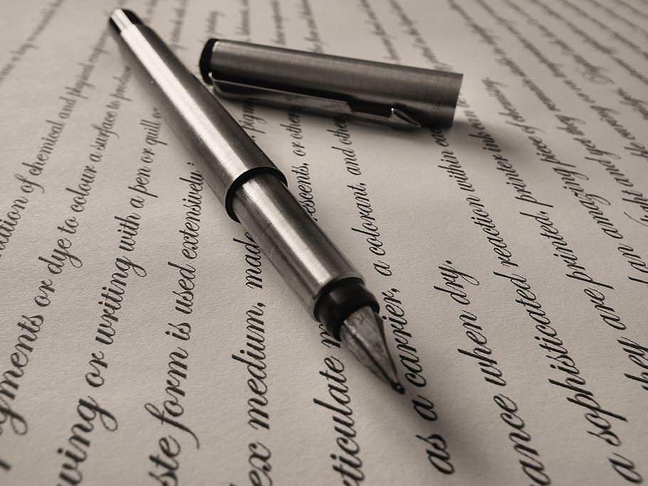 photo of gray fountain pen, writing, ink, write, paper, business