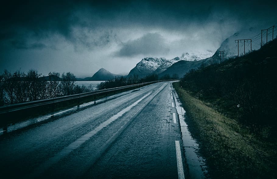 photography of empty roadway near glacier mountains at daytime, grey street in front of mountain HD wallpaper