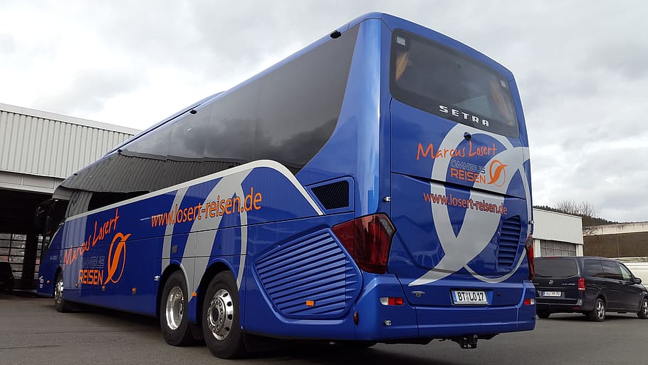 bus, blue, sky, clouds, travel, stand, vehicle, holiday, setra HD wallpaper