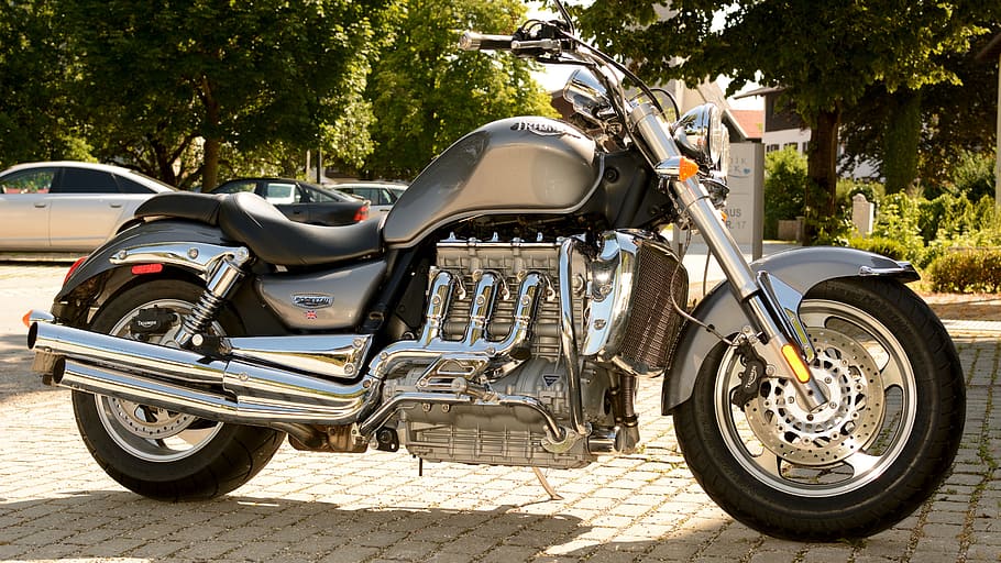 gray and black cruiser motorcycle photo, triumph rocket, two wheeled vehicle