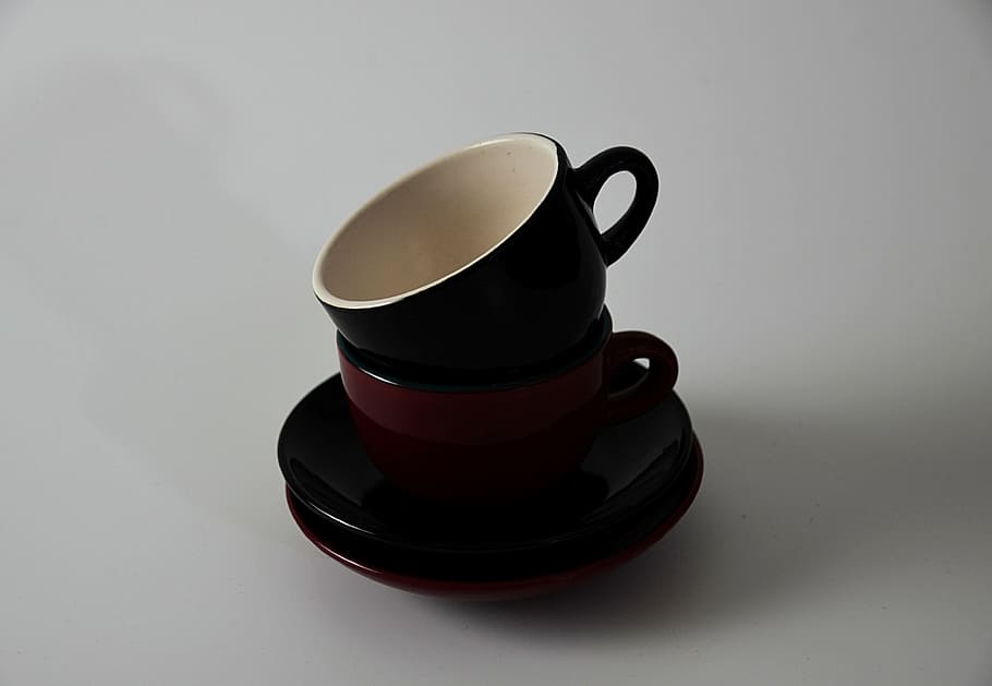 ceramic, cup, red, white, black, kitchen, utensil, studio shot HD wallpaper