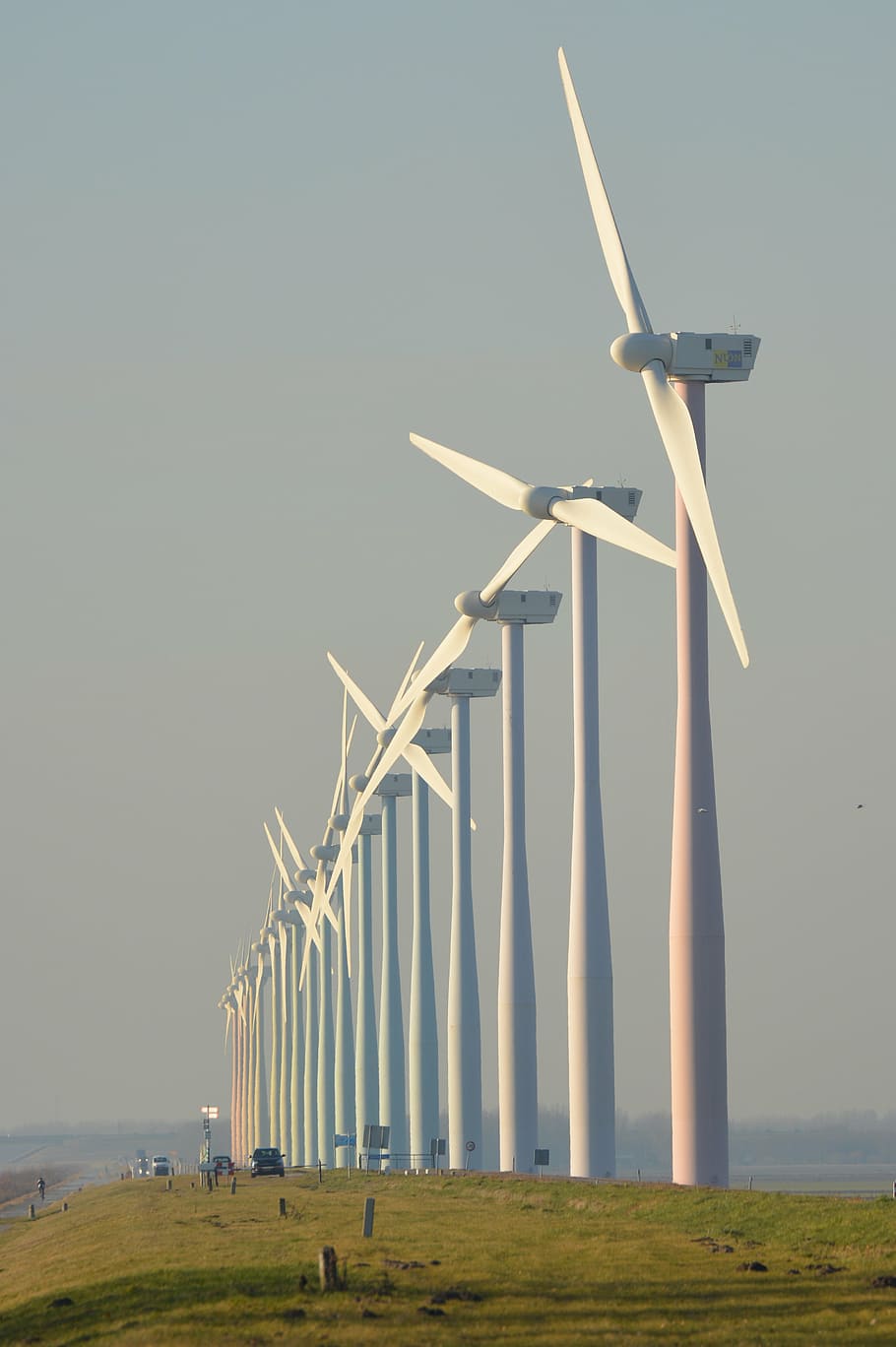 wind turbine along side shore, nature, windmills, netherlands, HD wallpaper