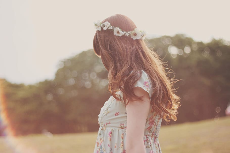 woman wearing pink and gray floral dress with white petaled flower headdress HD wallpaper