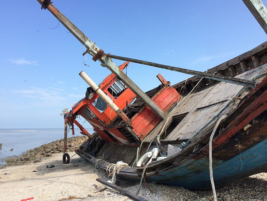 ship, abandon, seaside, water, sky, nautical vessel, beach HD wallpaper