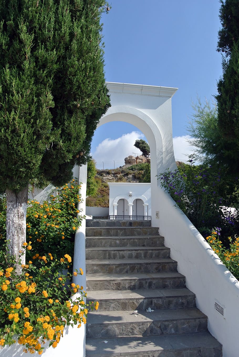 greece, stairs, architecture, tree, plant, built structure HD wallpaper