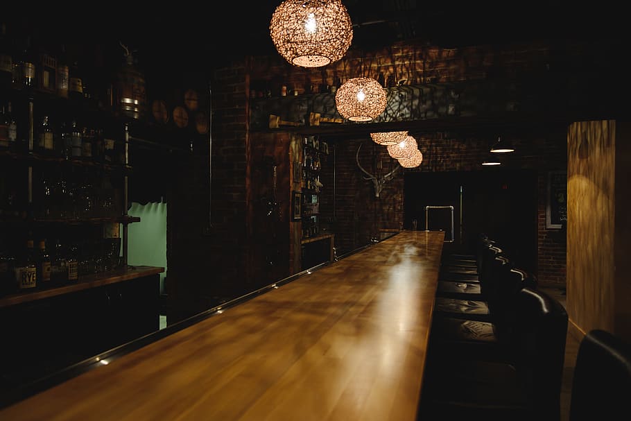 organized chair inside the bar, restaurant, stools, lights HD wallpaper