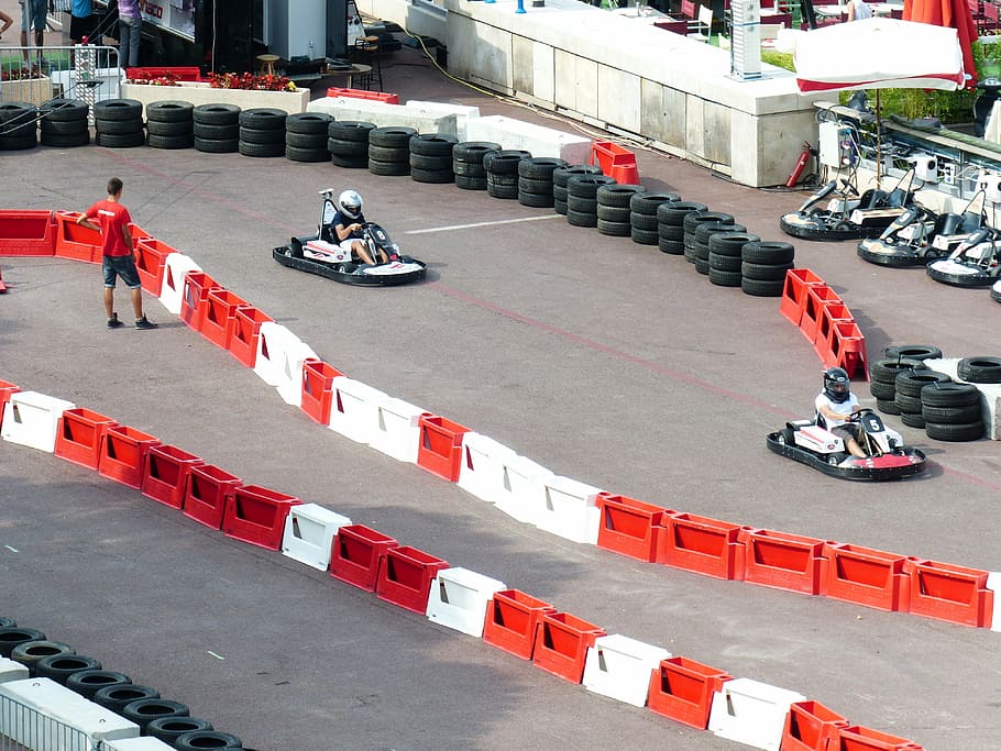 person riding go kart on track field, cards driver, go kart track, HD wallpaper