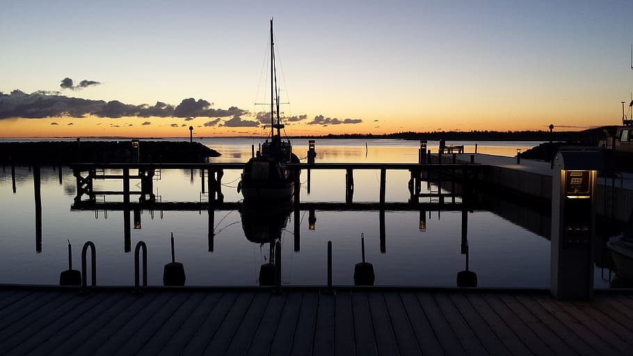 marina, evening, bridge, sky, water, sunset, reflection, silhouette HD wallpaper