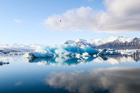 ice bergs and alp mountains facing calm body of water, mountain and iceberg HD wallpaper