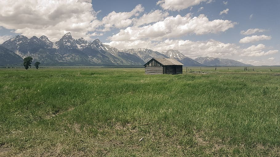 snow, landscape, mountains, nature, agriculture, barn, cabin HD wallpaper