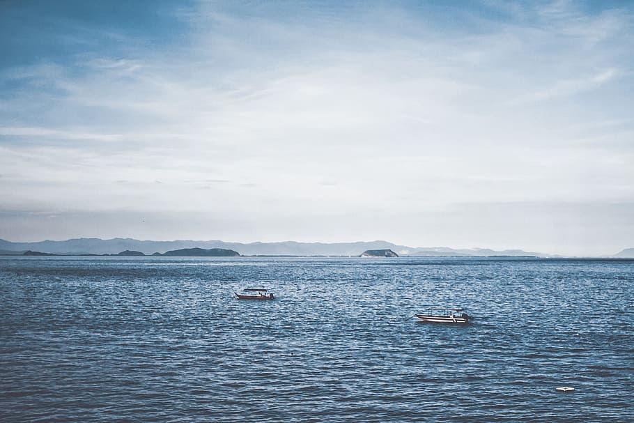 Two Boats in Ocean, blue, clouds, daylight, islands, landscape HD wallpaper