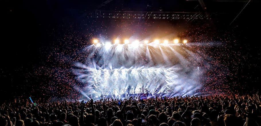 people watching a concert, concert stage with lighting, concert hall HD wallpaper