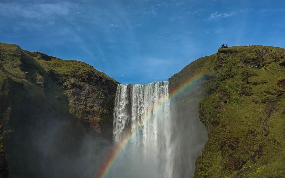hill, green, grass, moss, blue, sky, waterfall, rainbow, nature HD wallpaper