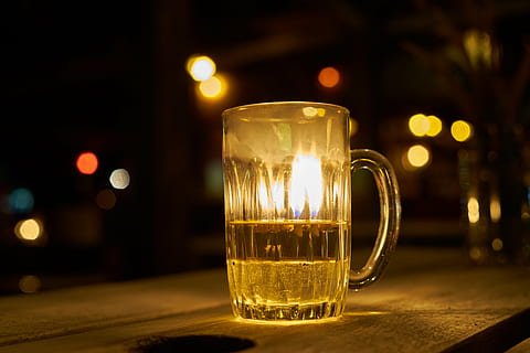half-filled glass mug on brown surface, beer, night, beverage HD wallpaper