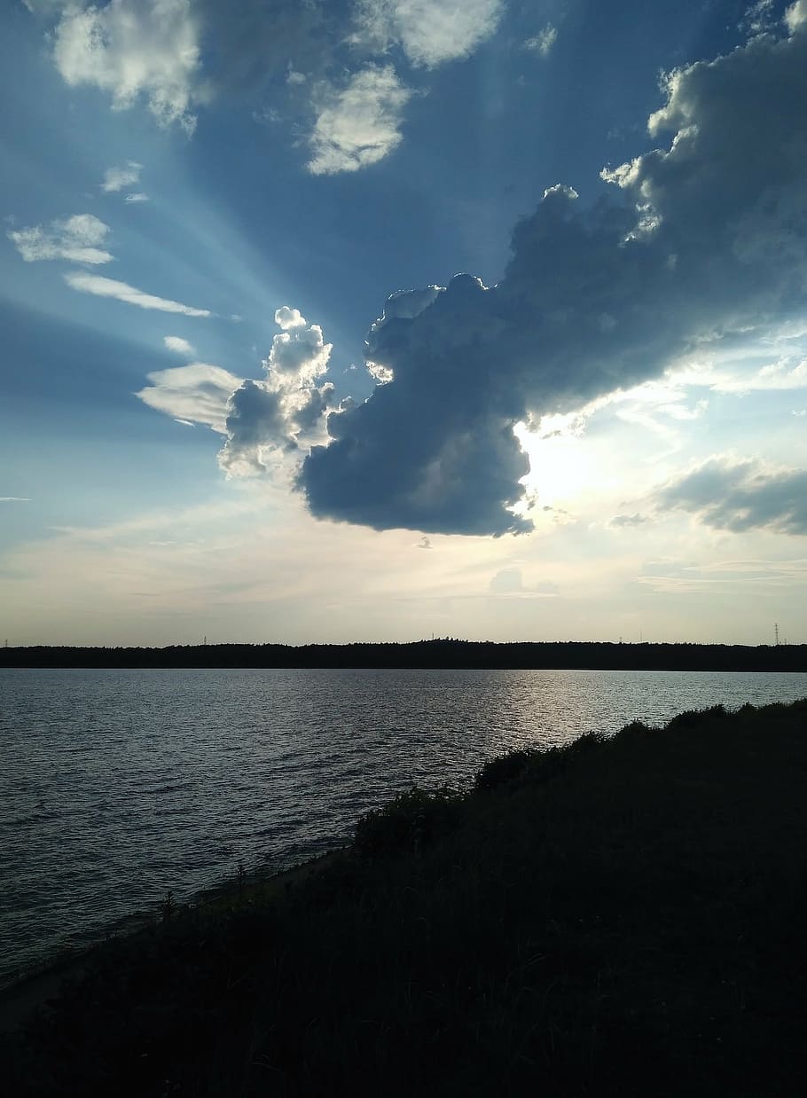 clouds, sky, the sun, water, blue, nature, sea, beach, sunset HD wallpaper