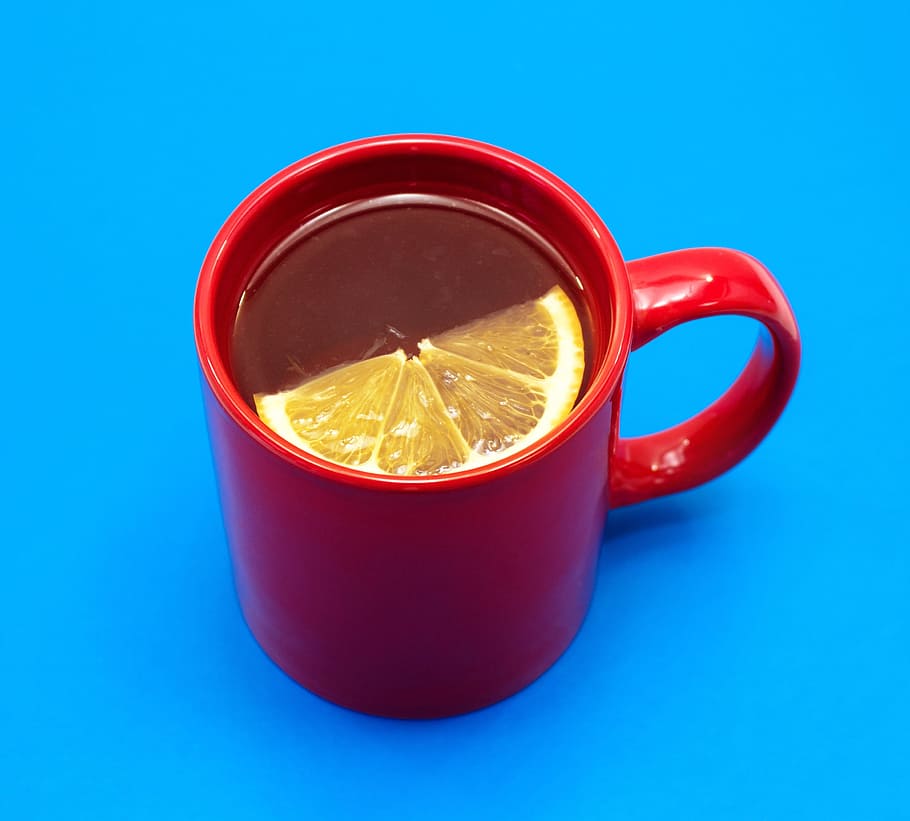 Tea, Lemon, Red, Mug, Background, red mug, blue background HD wallpaper
