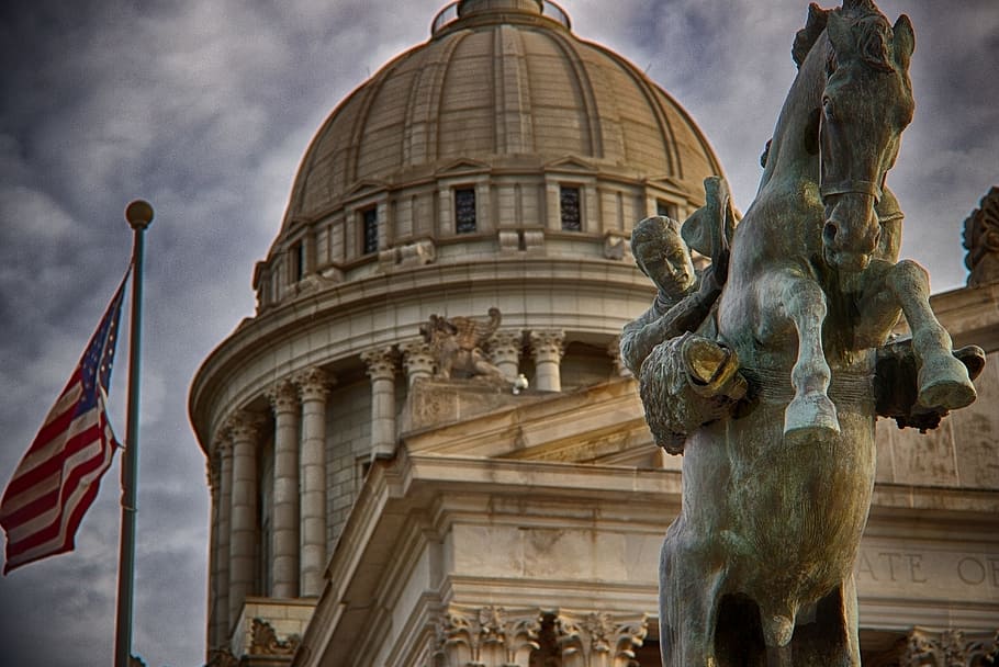 statue near building, capital, city, oklahoma, rural, tree, grass, HD wallpaper