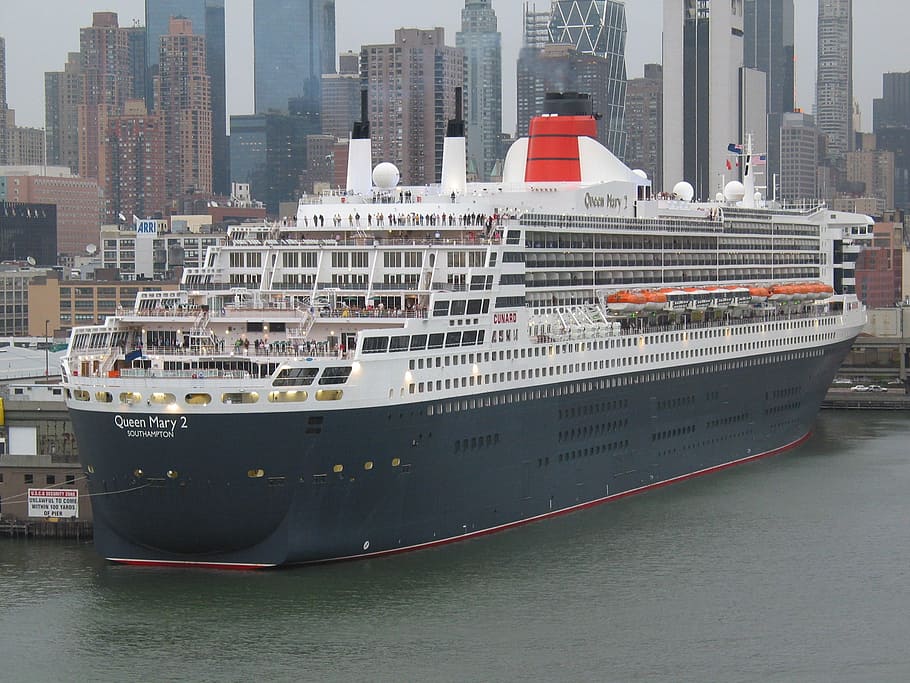 queen mary ii, ship, new york, hudson, manhattan, nautical vessel, HD wallpaper