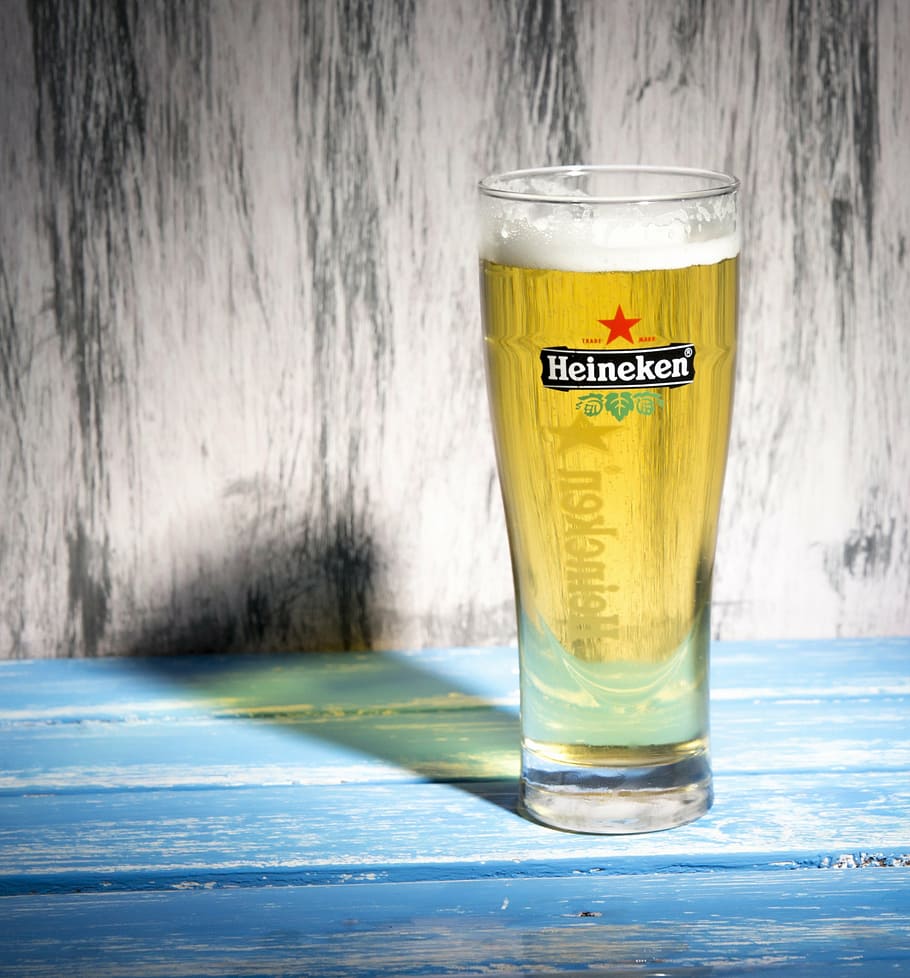 clear glass drinking cup, heineken, beer, alcohol, bottle, lager