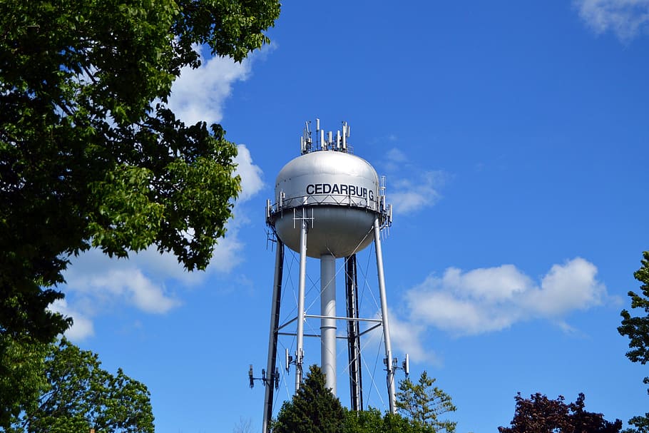 water tower, blue, sky, green, trees, small, little, historical