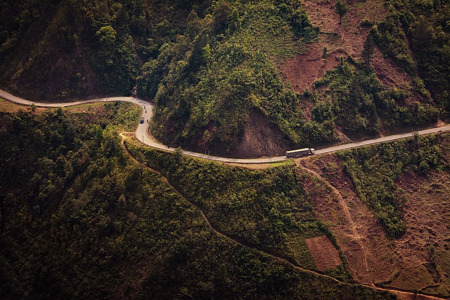 truck traveling on mountain road, Curve, Transportation, highway