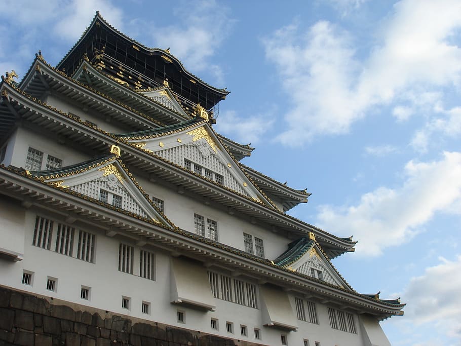 white and gray shrine, osaka castle, sky, architecture, building exterior HD wallpaper