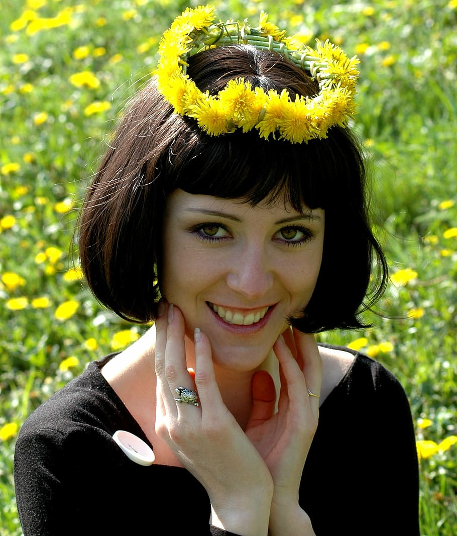 woman wearing a yelow flower halo, easter, portrait, girl, view HD wallpaper