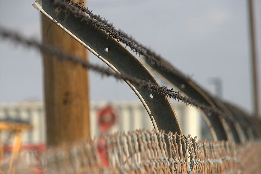 barbed, wire industrial, fence, metal, protection, steel, security, HD wallpaper