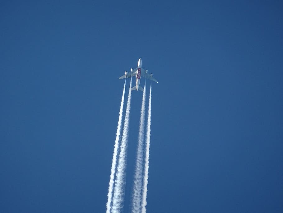 white airplane flying under clear blue sky, Aircraft, Contrail