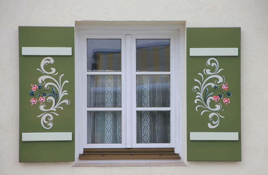 white 3-panel glass window pane, building, home, shutter, painting HD wallpaper