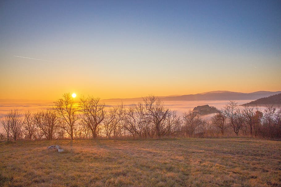 nature, mountain, landscape, sunset, blue, mist, sky, environment HD wallpaper