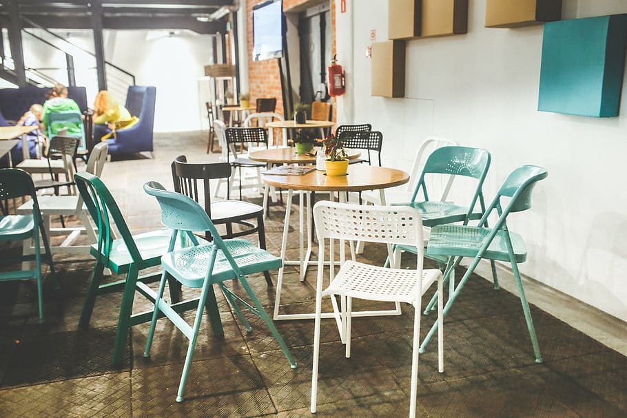 vacant assorted-color chairs, restaurant, interior, design HD wallpaper
