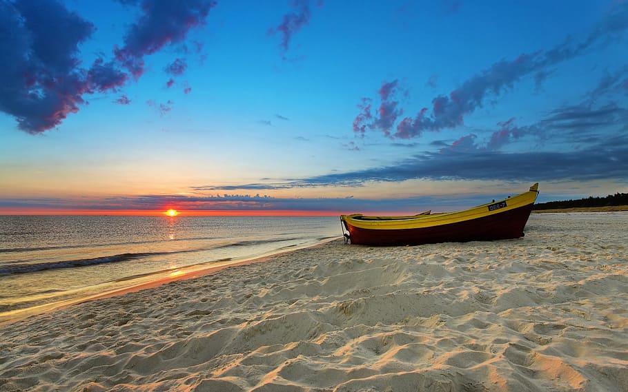 brown and black canoe near beach photo, sunset, boat, nautical vessel HD wallpaper