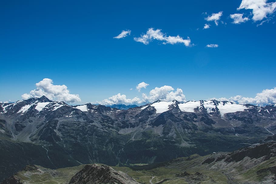 snow covered mountain, aerial view photography of mountain under blue sky HD wallpaper