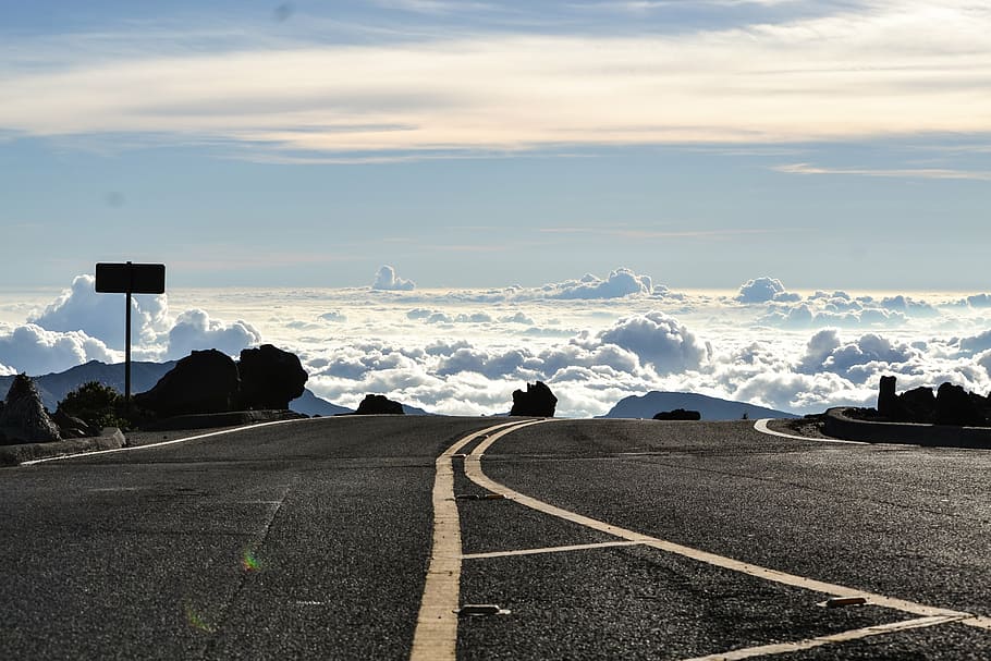 asphalt, clouds, outdoors, perspective, road, sea of clouds HD wallpaper