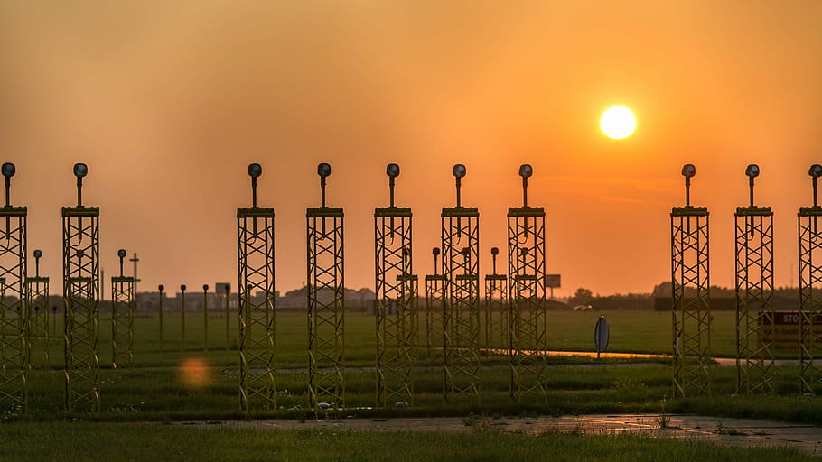 sunset, industry, pollution, sky, dawn, airport, track, aircraft HD wallpaper