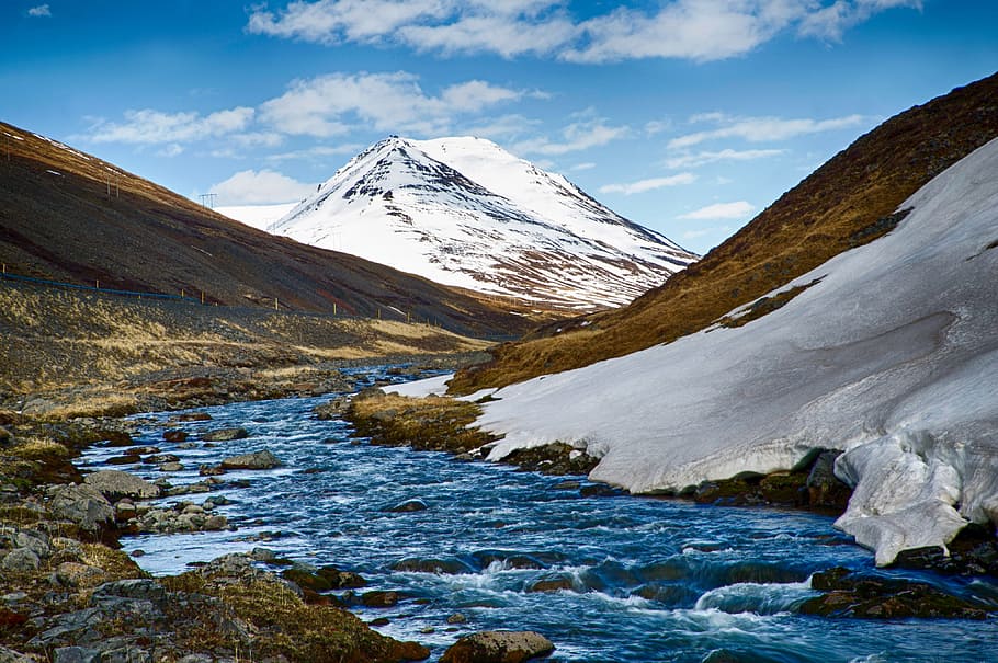 river beside of icy mountain, mountain covered in snow with lake painting HD wallpaper