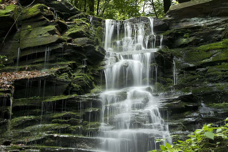 waterfalls, cascade, stream, natural, rock, flowing, green HD wallpaper