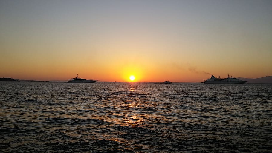 sea, setting sun, water, sky, sunset, nautical vessel, transportation HD wallpaper