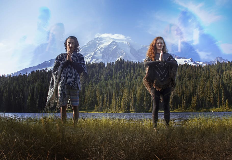 two man and woman meditating, leisure activity, sky, women HD wallpaper