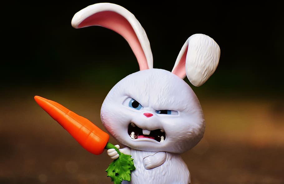 angry rabbit holding carrot figurine, hare, evil, snowball, film character, HD wallpaper