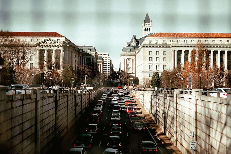 cars beside buildings, heavy traffic during daytime, D.C., street, HD wallpaper