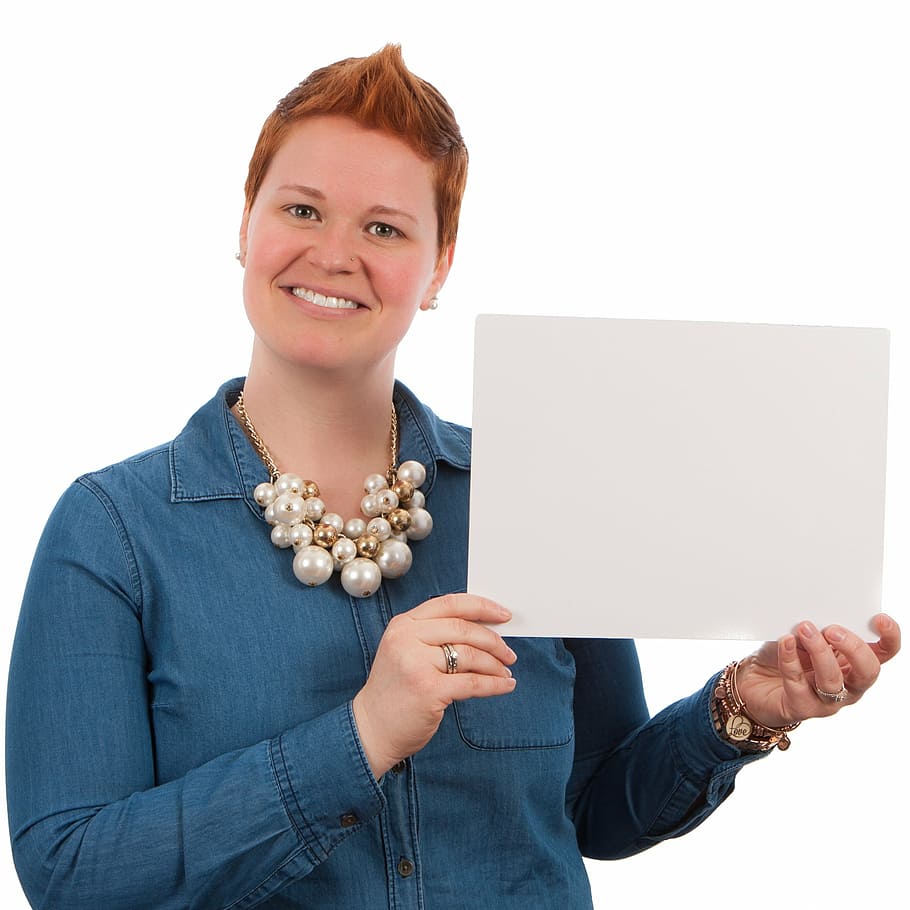 woman holding white board, poses, elearning, female, girl, people HD wallpaper