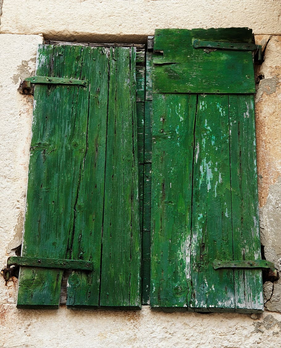Old, Window, Doors, Shutters, Wooden, building, green, green color, HD wallpaper