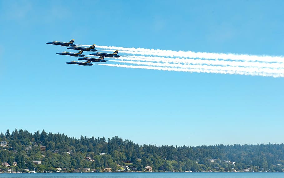 jet planes above body of water, blue angels, navy, precision HD wallpaper
