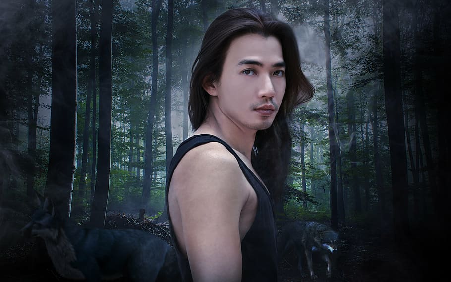 man wearing black tank top with forest background, long hair, HD wallpaper