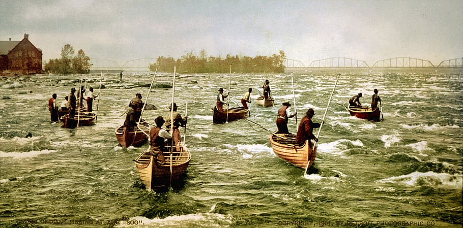 Ojibwe fishermen in the St. Marys Rapids, 1901 in Sault Ste. Marie in Ontario, Canada, HD wallpaper