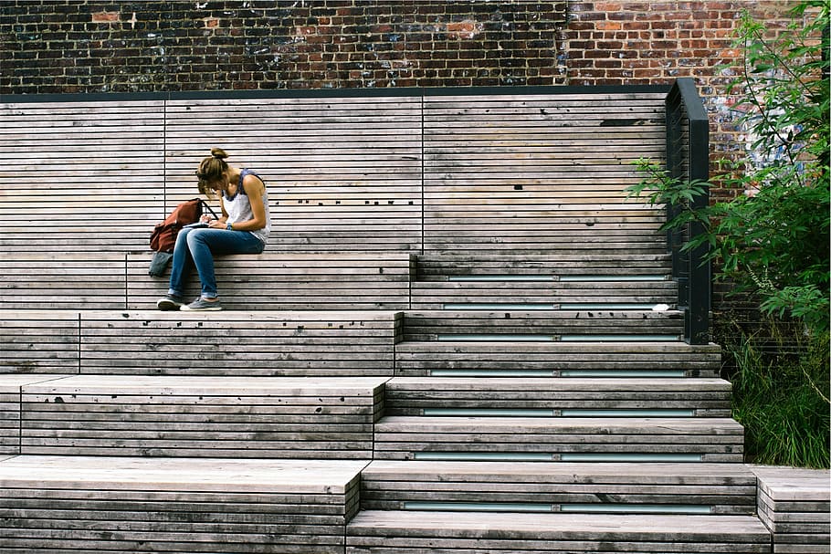 woman sitting on brown concrete stairs, women, wearing, white, HD wallpaper