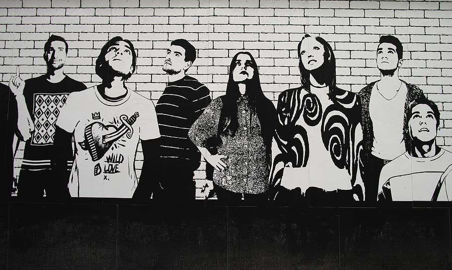 grayscale photo of group of people photo, graffiti, wall, art, HD wallpaper